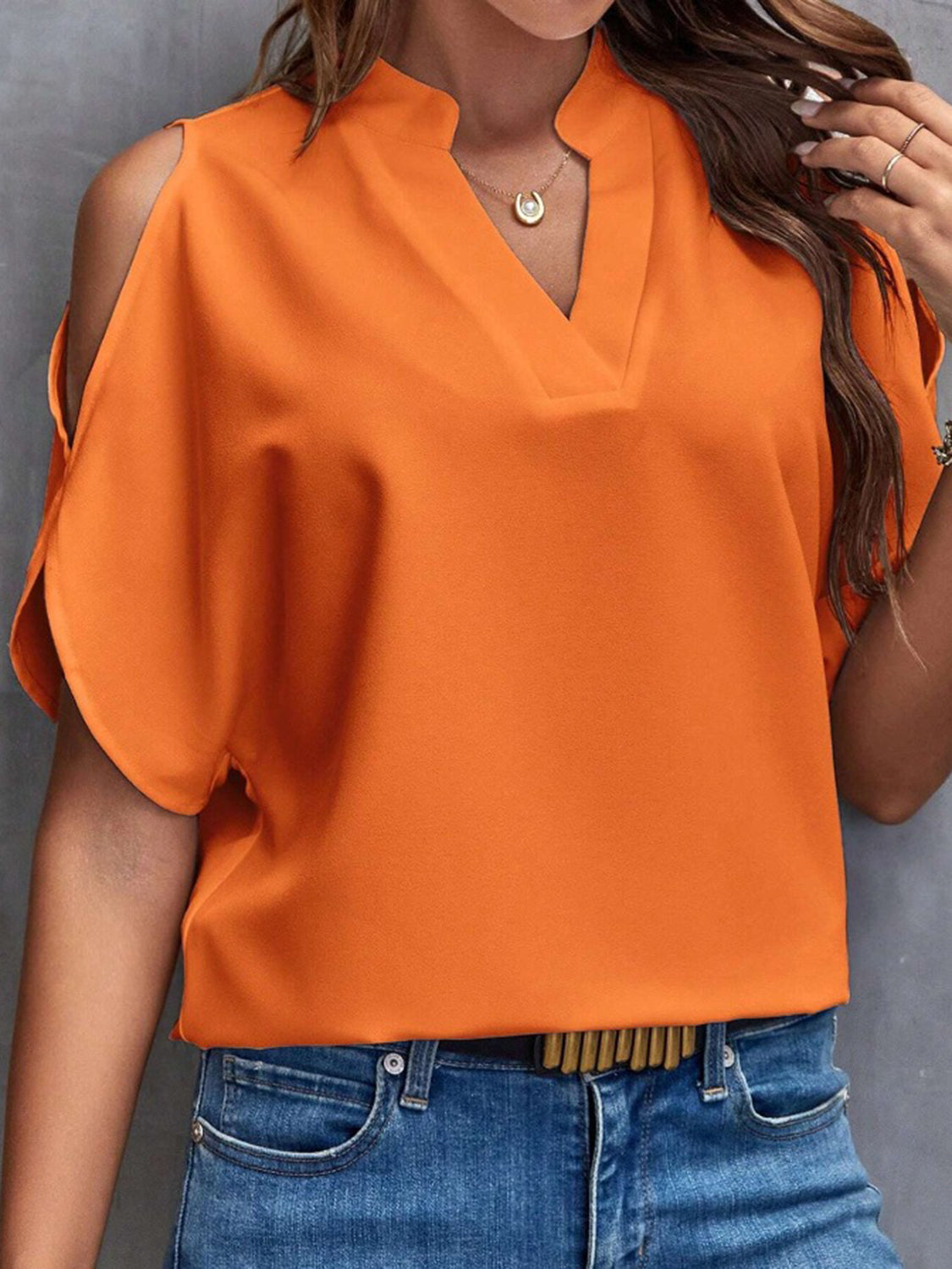 Notched Cold Shoulder Half Sleeve Blouse (6 Colors) Shirts & Tops Trendsi