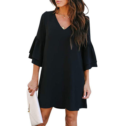 Loose V Neck Bell Sleeve Plain Dress