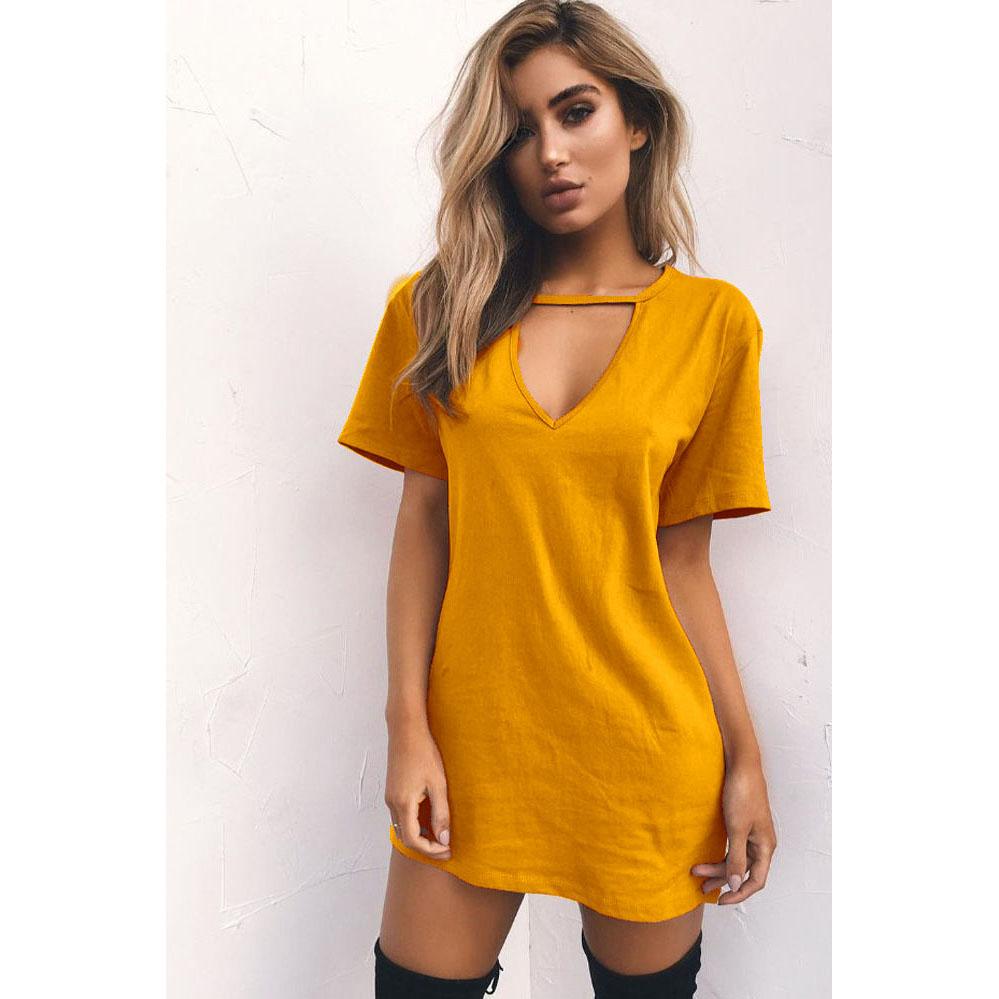 Candy Color Cut V-neck Short Sleeves Loose Short Dress