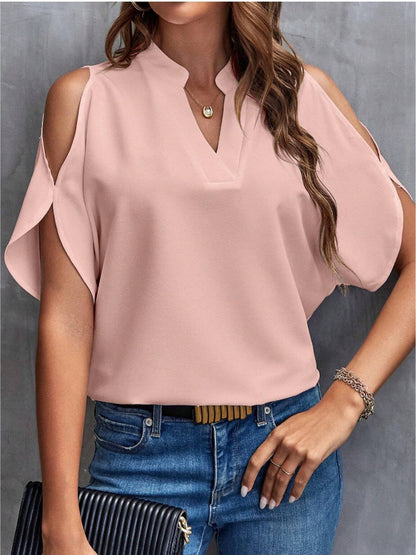 Notched Cold Shoulder Half Sleeve Blouse (6 Colors) Shirts & Tops Trendsi Black S