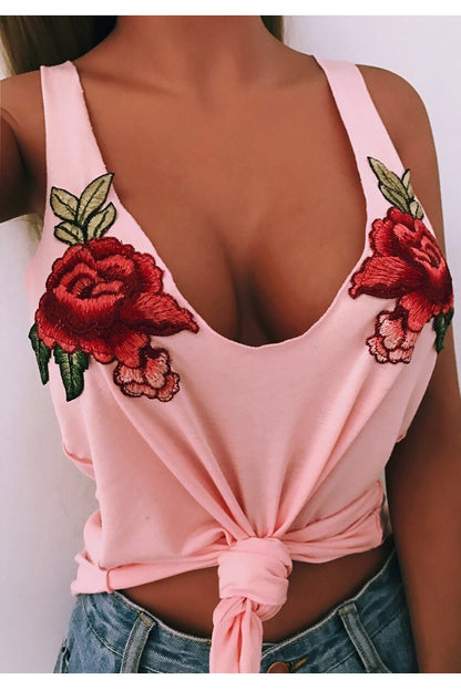 Embroidery Deep V-neck Straps Tank Top